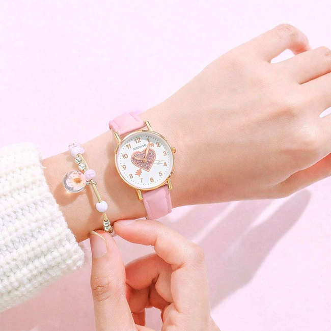 Kinder Horloge - Glitter Hartje Roze | Kunstleer