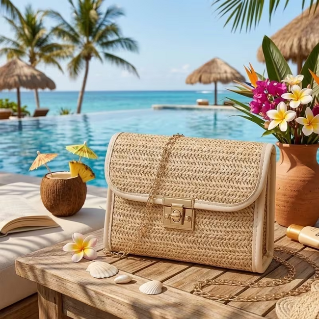 Boho Schoudertas - Crème | Raffia Crossbody Tas | 18,5 x 14 cm