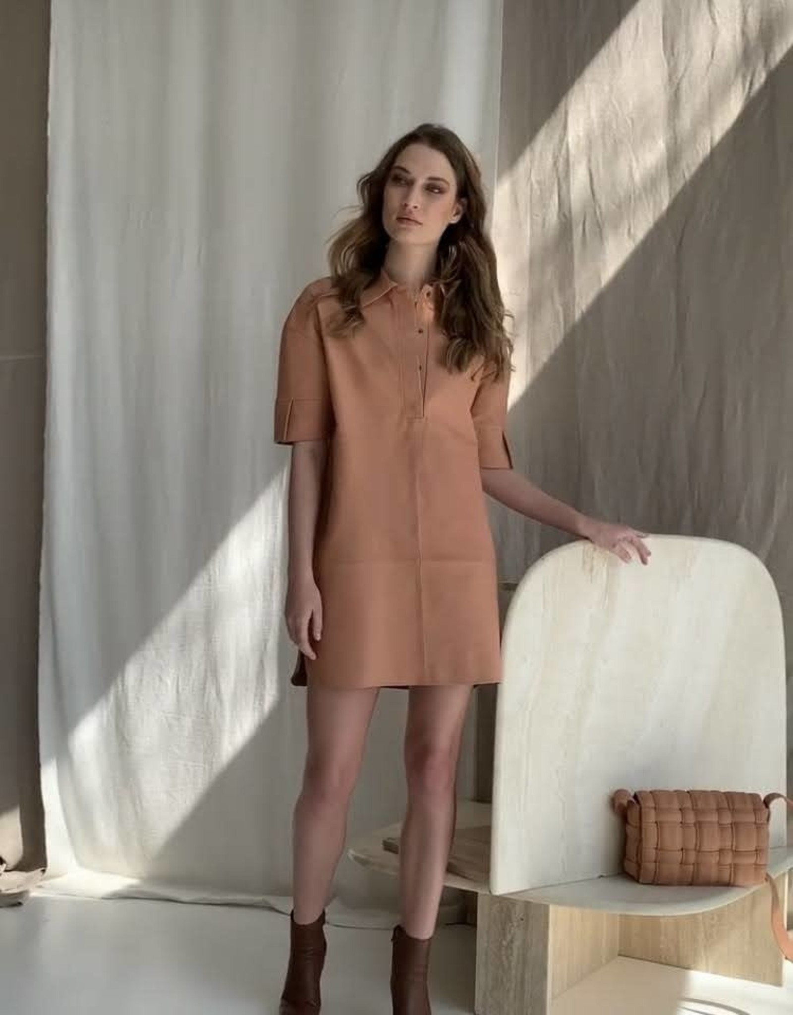MARCH23 CAMILLA LEATHER POLO DRESS CLAY