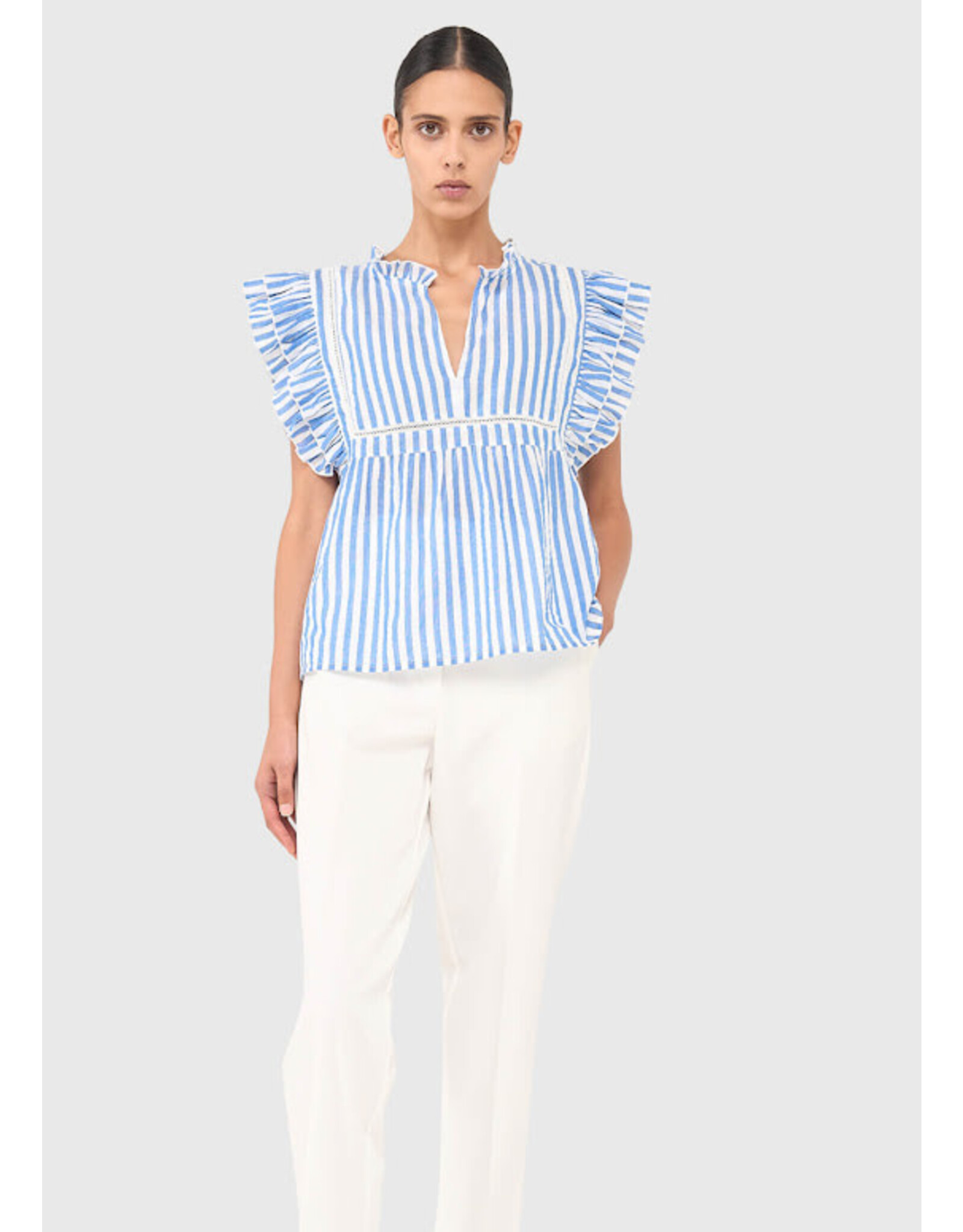 JANICE CARSON GESTREEPT DAMES TOP RUFFLES