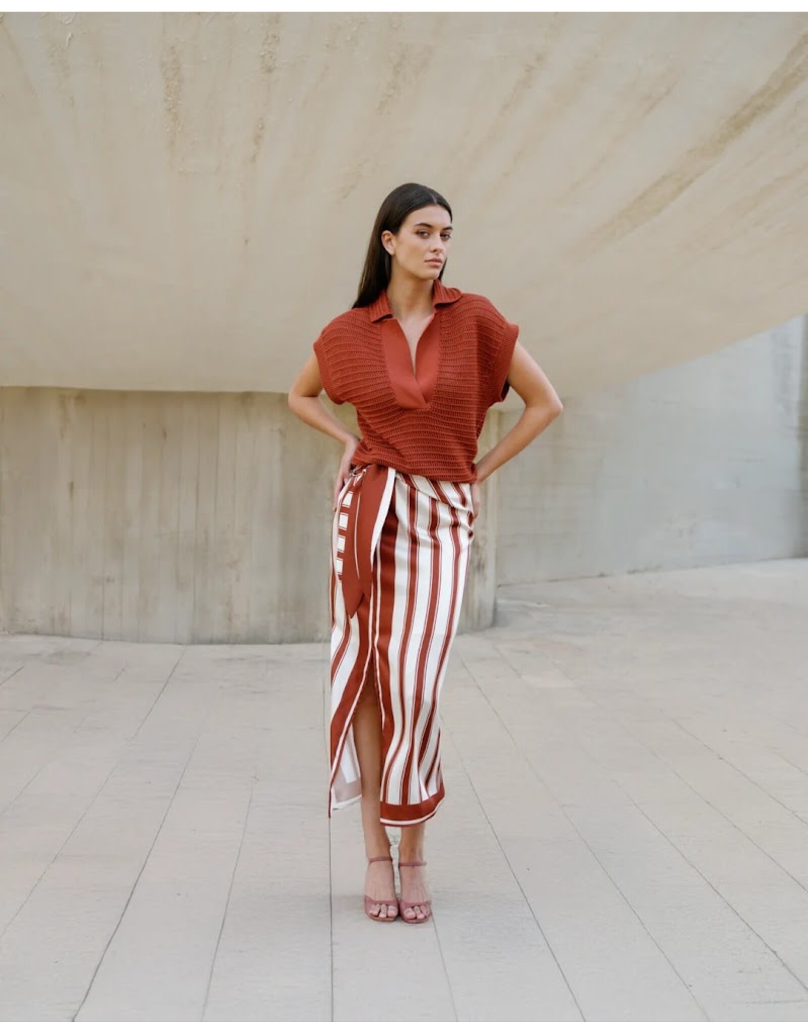 MARCH23 SKIRT LUMINOUS SUNNY STRIPES TERRACOTTA