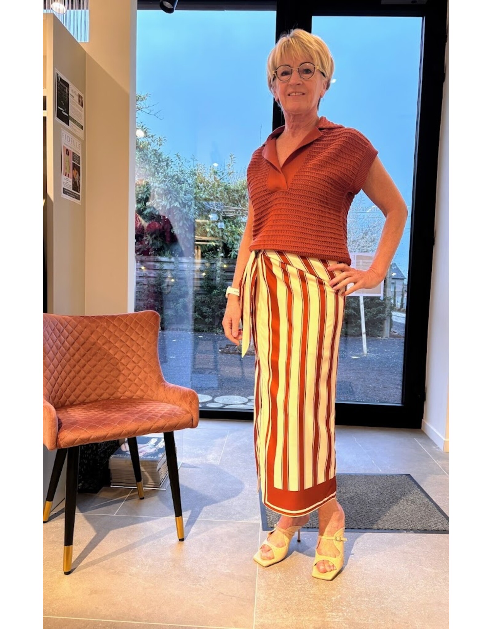 MARCH23 SKIRT LUMINOUS SUNNY STRIPES TERRACOTTA