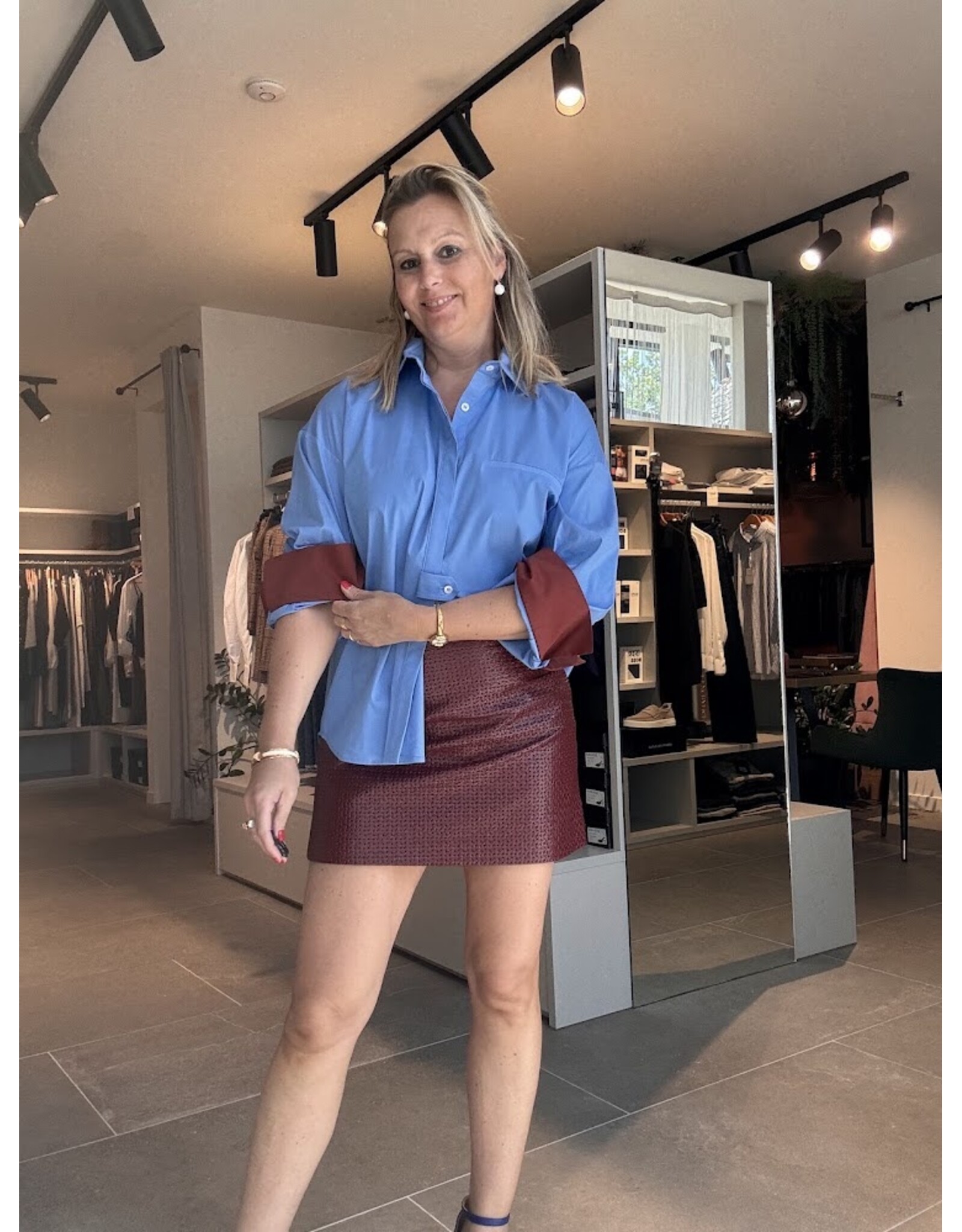MARCH23 BLOUSE QUEBEC POPLIN AZUR +RUST