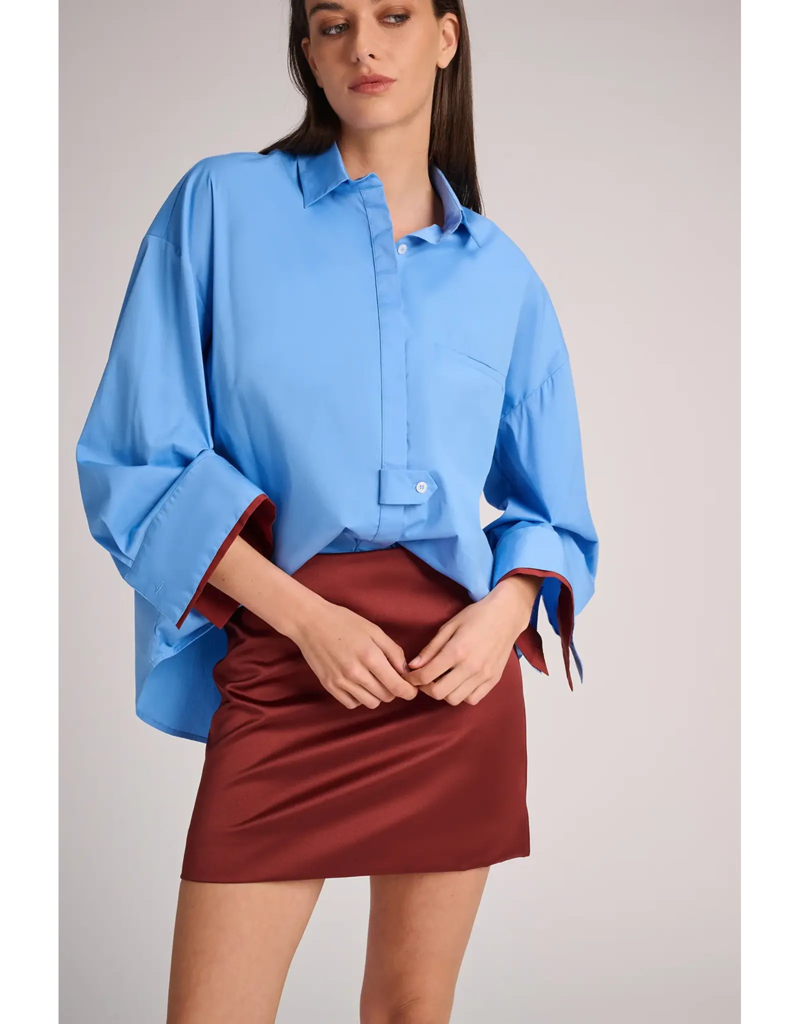 MARCH23 BLOUSE QUEBEC POPLIN AZUR +RUST