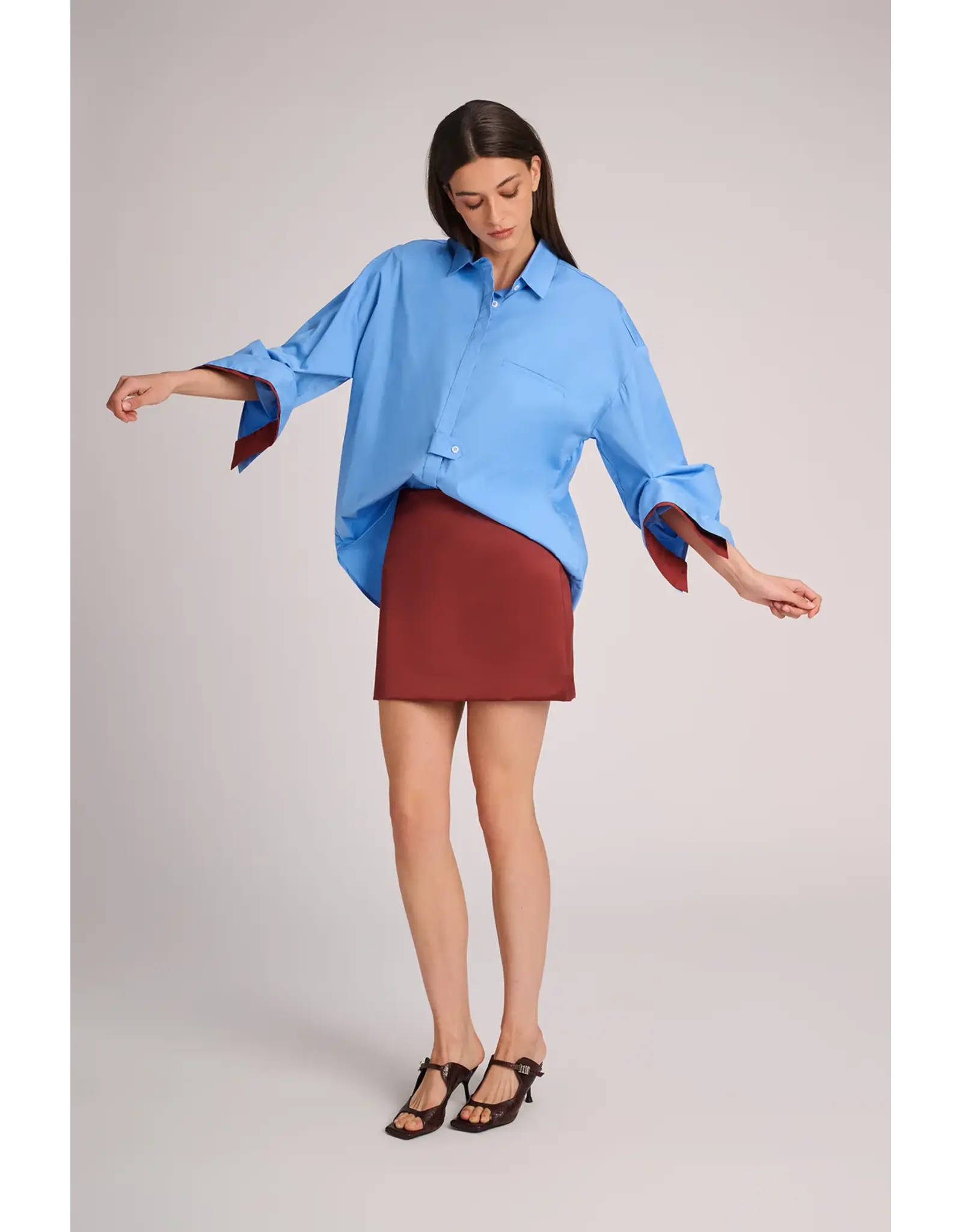 MARCH23 BLOUSE QUEBEC POPLIN AZUR +RUST