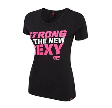 Musclepharm Sportswear Womens Crew Neck. Strong is the new Sexy. Black-Hot Pink. Maat -L-