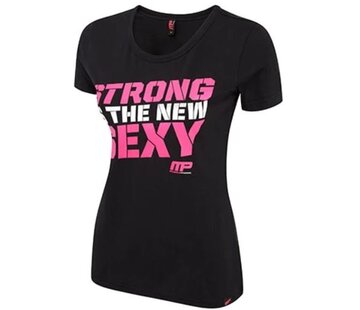 Musclepharm Sportswear Womens Crew Neck. Strong is the new Sexy. Black-Hot Pink. Maat -XS-