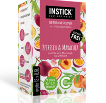 INSTICK Peach-Maracuja voor 12x0,5 liter suikervrije dranken. 12x2,5 gram