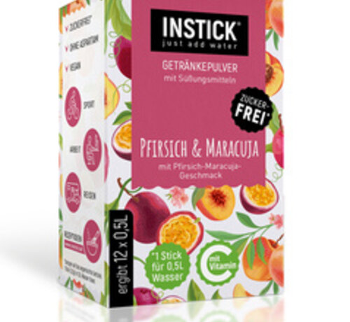 INSTICK Peach-Maracuja voor 12x0,5 liter suikervrije dranken. 12x2,5 gram