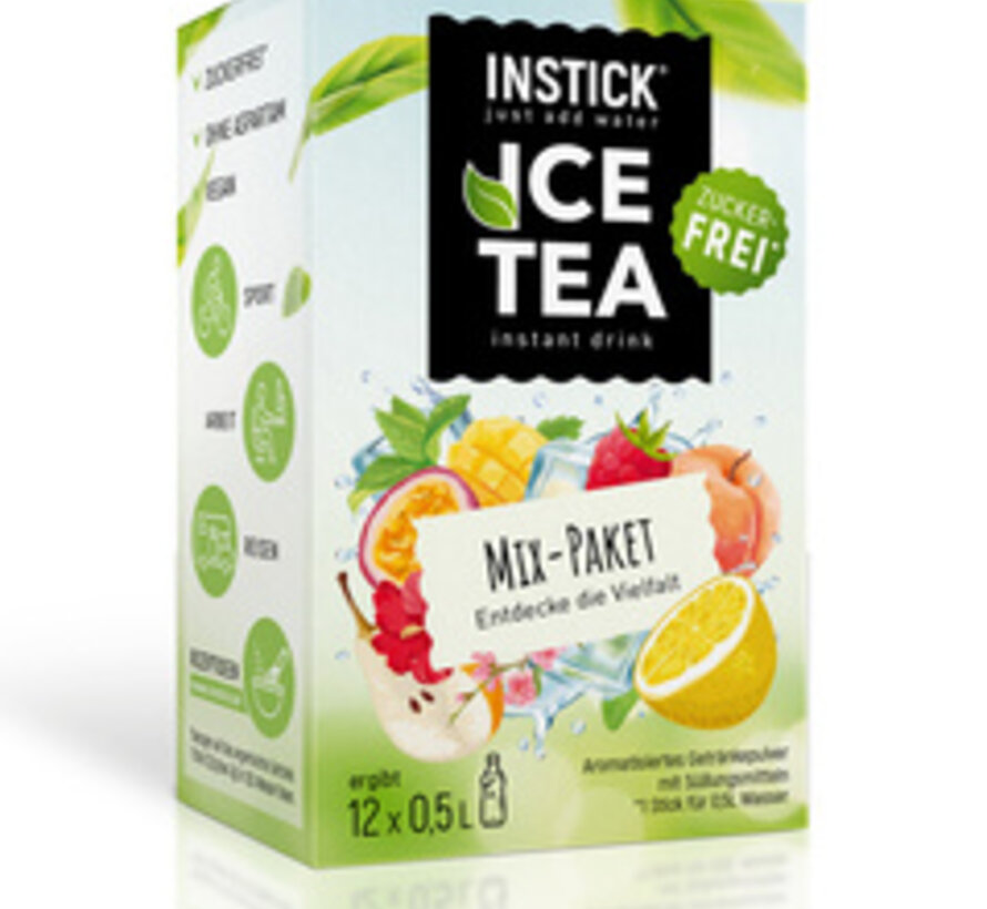 8 smaken (12 sticks) Ice Tea mix pakket voor 12x0,5 liter suikervrije dranken. 12x2,5 gram