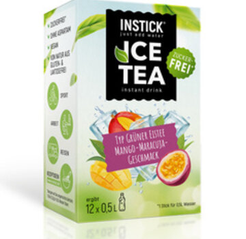 INSTICK Green Ice Tea Mango-Maracuja (groene thee-extract) voor 12x0,5 liter suikervrije dranken. 12x2,5 gram