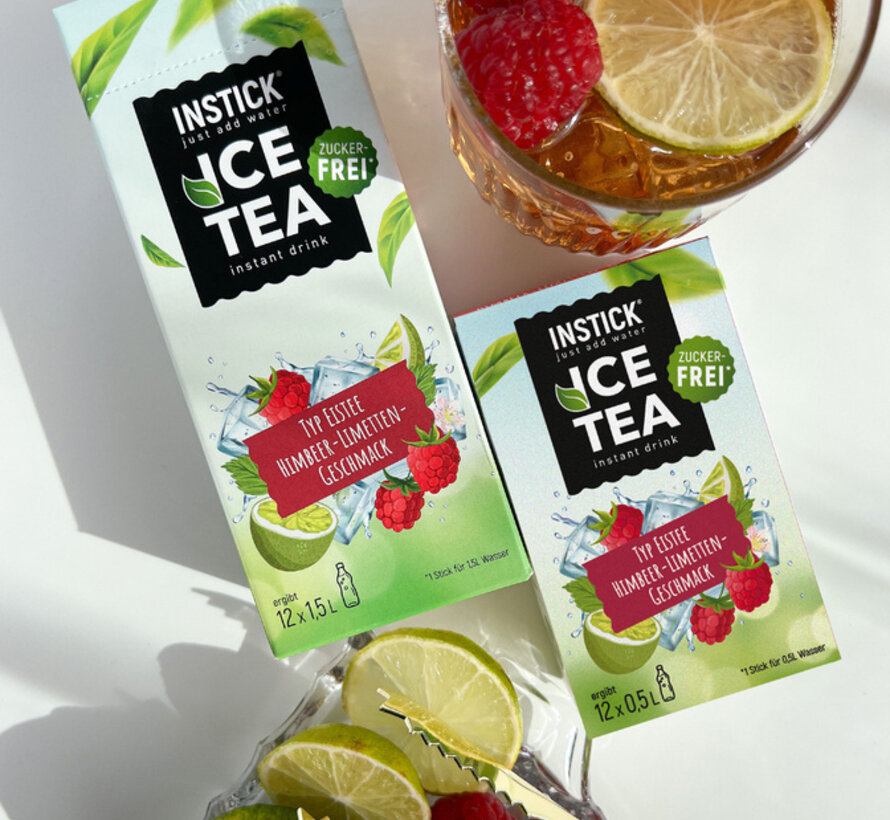Ice Tea Raspberry-Lime (extract van zwarte thee) voor 12x0,5 liter suikervrije dranken. 12x2,5 gram