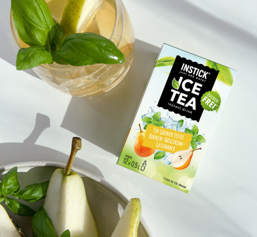 Ice Tea Peer en Basilicum (groene thee-extract) voor 12x0,5 liter suikervrije dranken. 12x2,5 gram