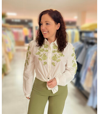 Blouse White Green Flower