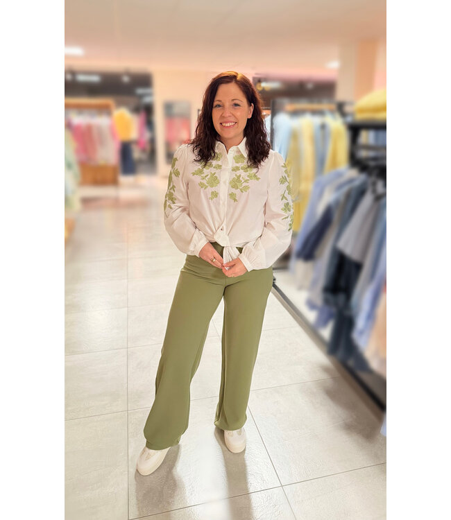 Blouse White Green Flower