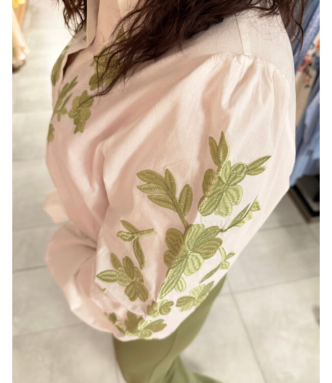 Blouse White Green Flower