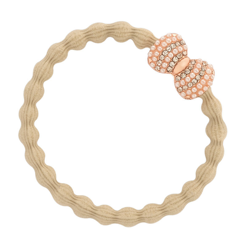 Haarelastiek beige met rosé strikje