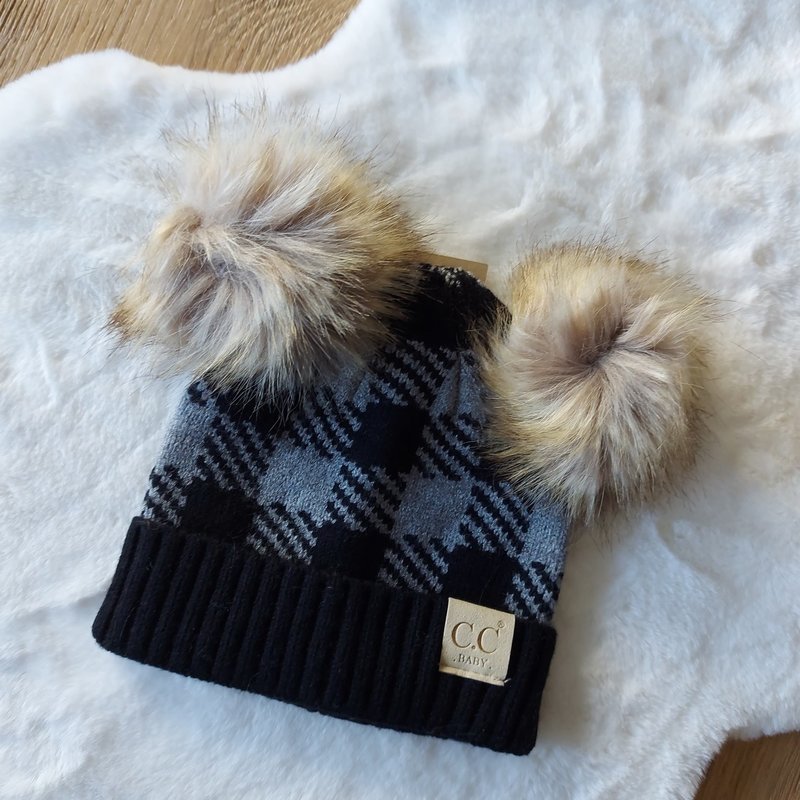C.C Buffalo Check Baby Muts met natuurlijke pom Light Melange Grijs/Zwart (baby)