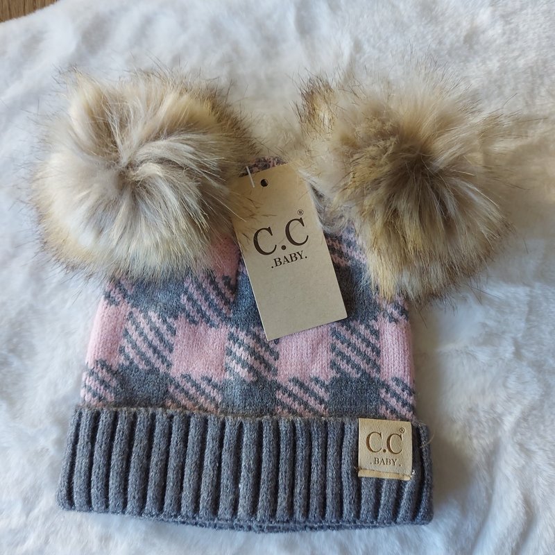 C.C Buffalo Check Baby Muts met natuurlijke pom Licht Melange Grijs/Lichtroze (baby)