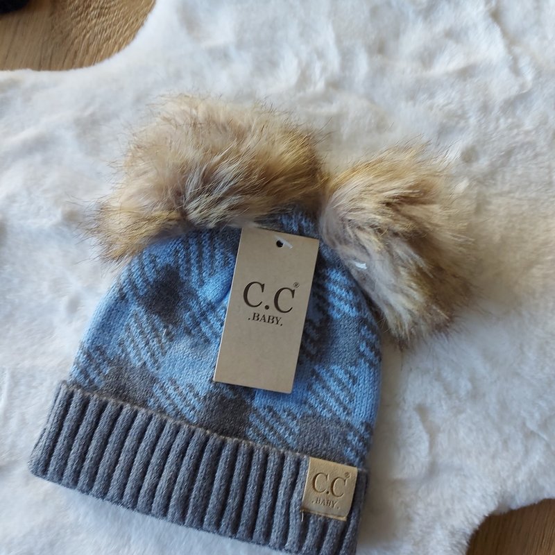 C.C Buffalo Check Baby Muts met natuurlijke pom grijs / licht blauw (baby)