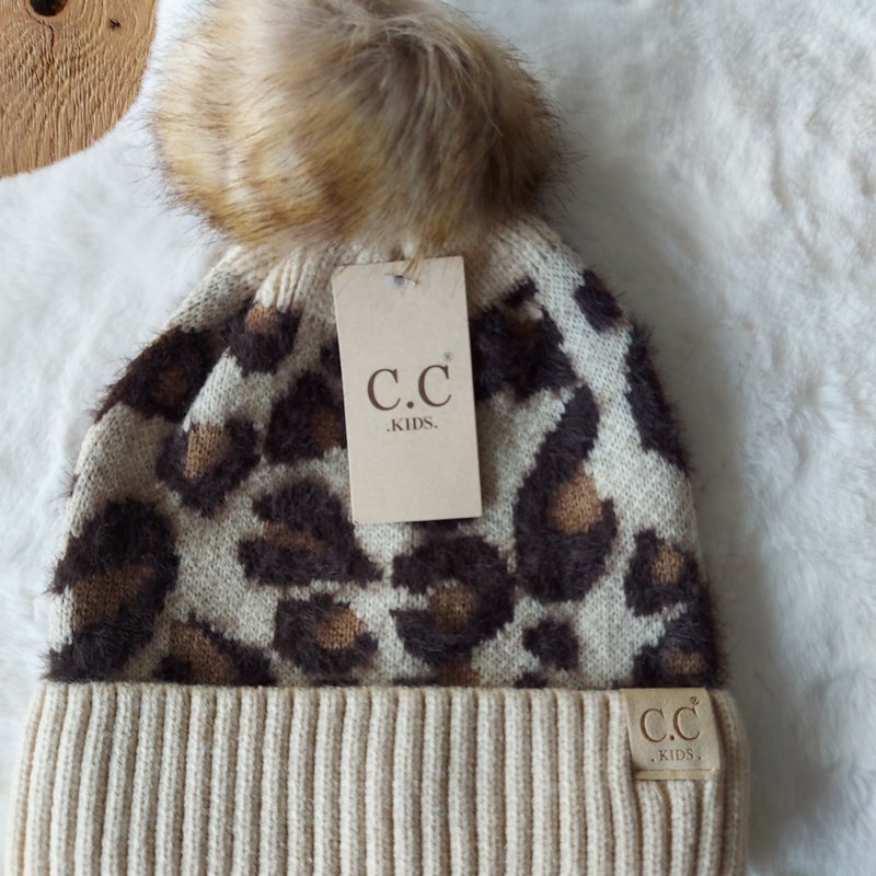 C.C Kids Leopard Patroon Muts met Pom Beige (kinderen)