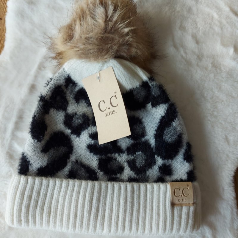 C.C Kids Leopard Patroon Muts met Pom Ivoor (kinderen)