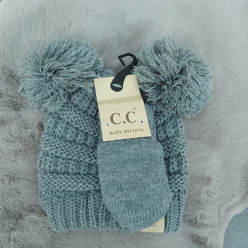 C.C Solid Ribbed Baby Pom Muts en wanten | Licht Melange Grijs