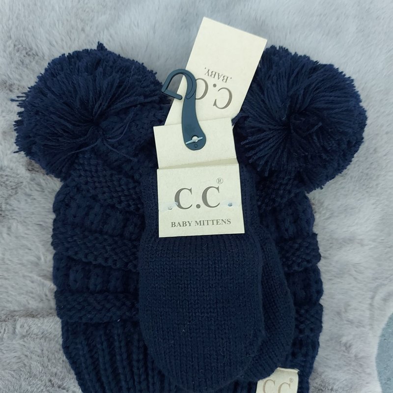 C.C Solid Ribbed Baby Pom Muts en wanten | Navy