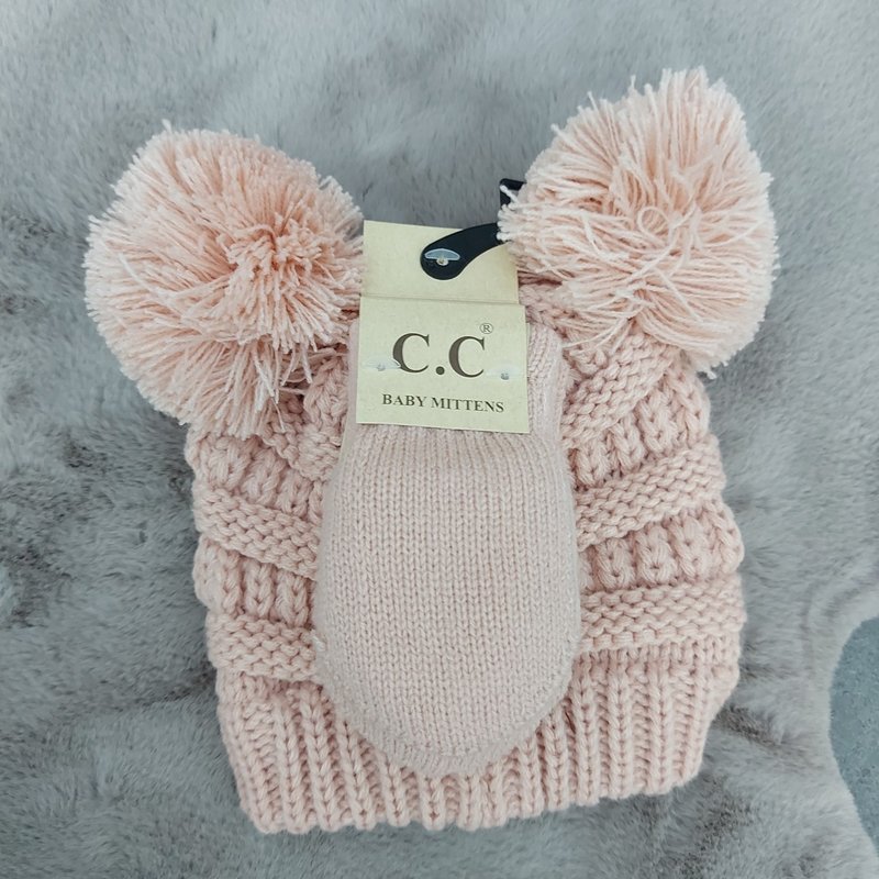 C.C Solid Ribbed Baby Pom Muts en wanten | Lichtroze
