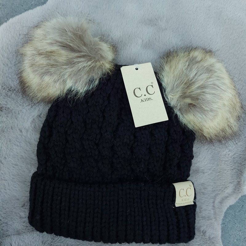 CC Kids Double Pom Pom All Over Kabel Muts | Zwart - #KIDS