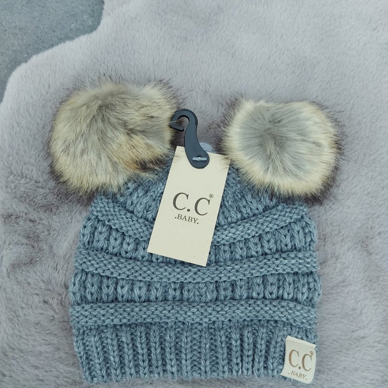 C.C Solid Ribbed Infant Natural Fur Double Pom Pom Beanie | Licht Melange Grijs - #BABY-