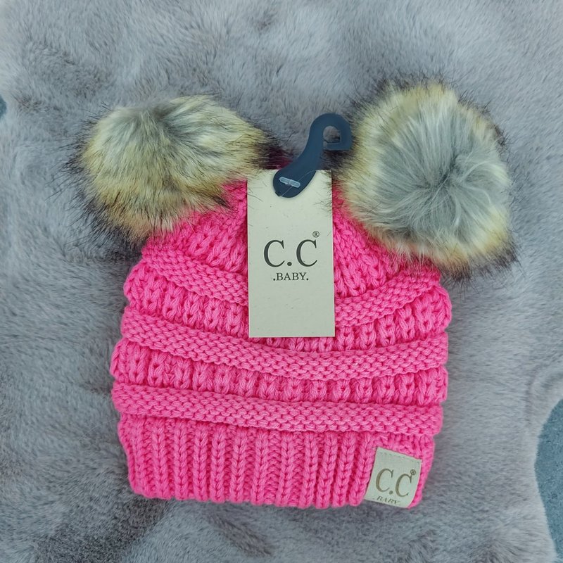 C.C Solid Ribbed Infant Natural Fur Double Pom Pom Beanie | Nieuwe Candy Pink - #BABY