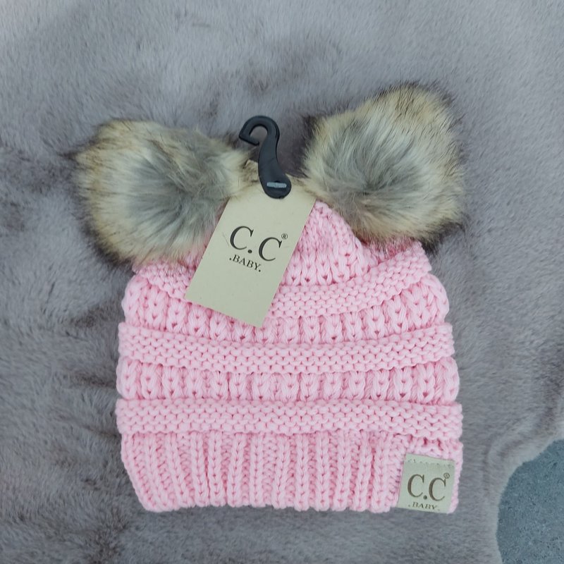 C.C Solid Ribbed Infant Natural Fur Double Pom Pom Beanie | Lichtroze - #BABY