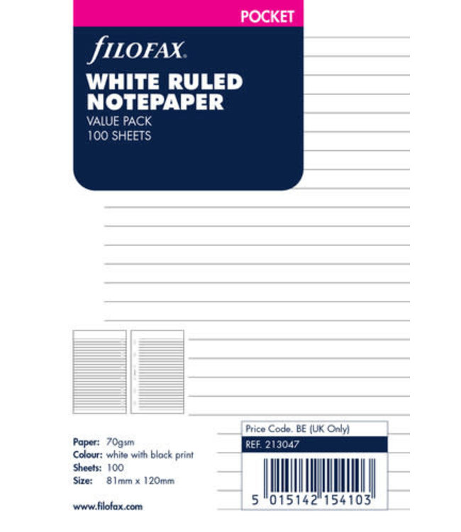 Filofax FILOFAX 213047 WHITE RULED NOTEPAPER
