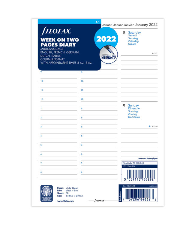 Filofax A5 Agenda-vulling  (week/2 pagina's)