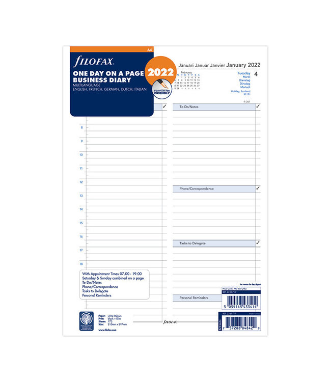 Filofax A4 Agenda-vulling  (1 dag/ pagina)