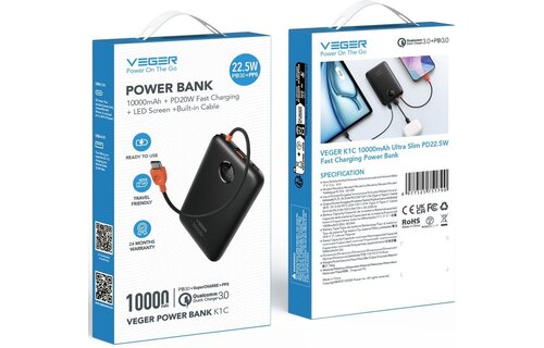 Veger K1C W1189 10.000 mAh Zwart - Powerbank