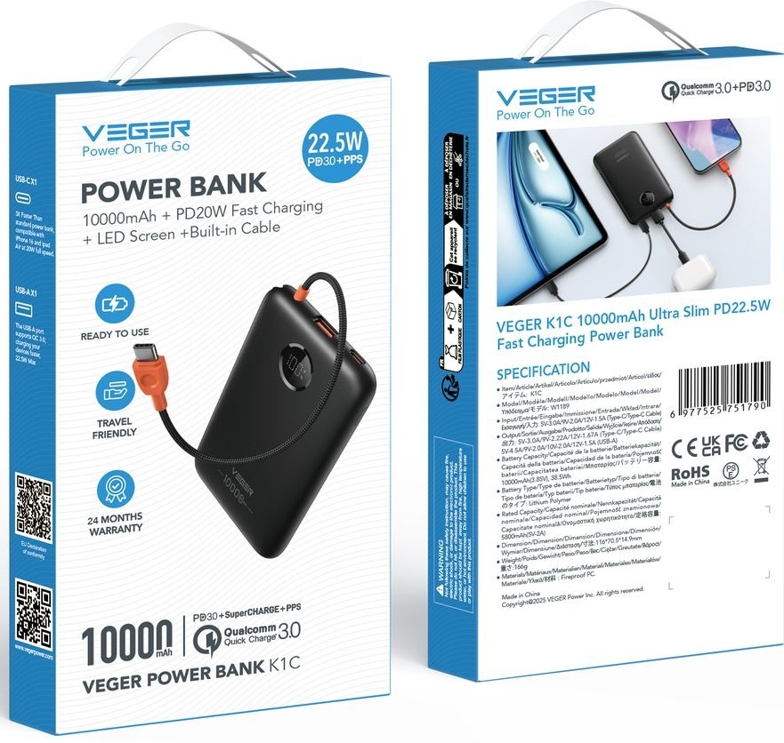 Veger K1C W1189 10.000 mAh Zwart - Powerbank