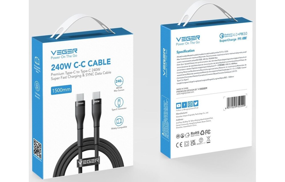 Veger CC03 USB-C naar USB-C kabel 1.5m Braided Aluminium 240 Watt