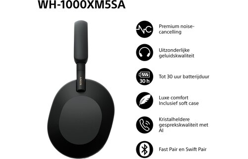 Sony WH-1000XM5SA Zwart incl. SoftCase - Draadloze koptelefoon