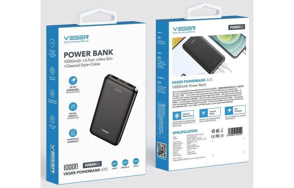 Veger A10 W1065 10.000 mAh Zwart - Powerbank