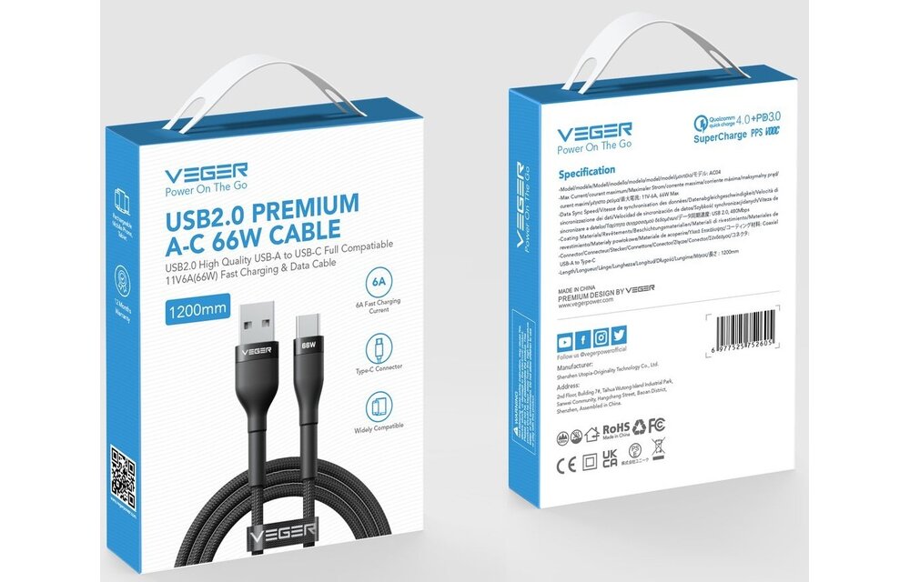 Veger AC04 USB-A naar USB-C kabel 1.2m Braided Aluminium 66 Watt