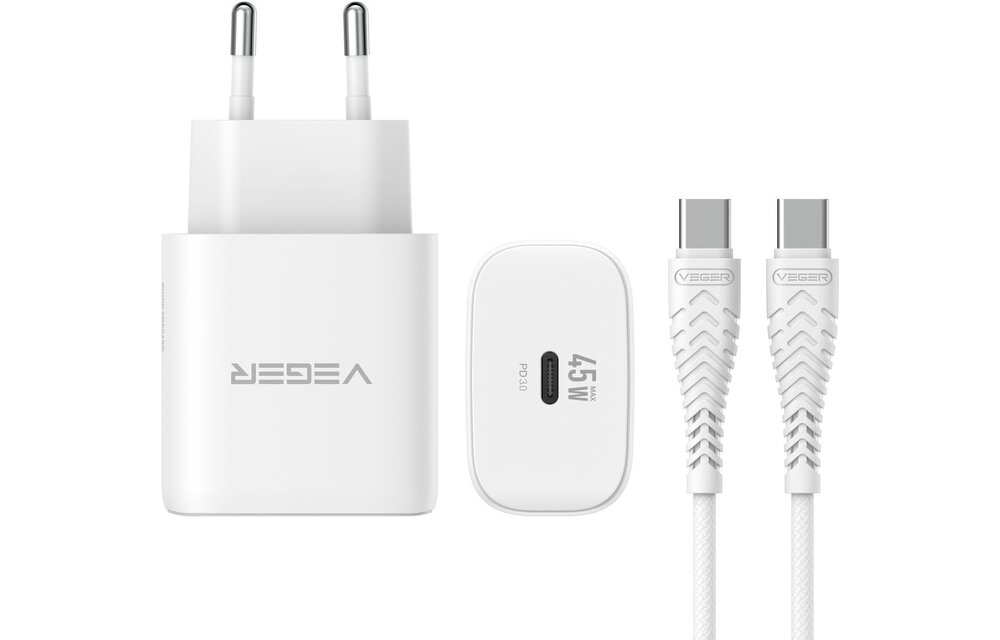 Veger snellader 45 Watt + USB-C Kabel 1,5m Nylon Wit