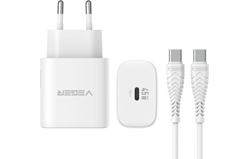 Veger snellader 45 Watt + USB-C Kabel 1,5m Nylon Wit