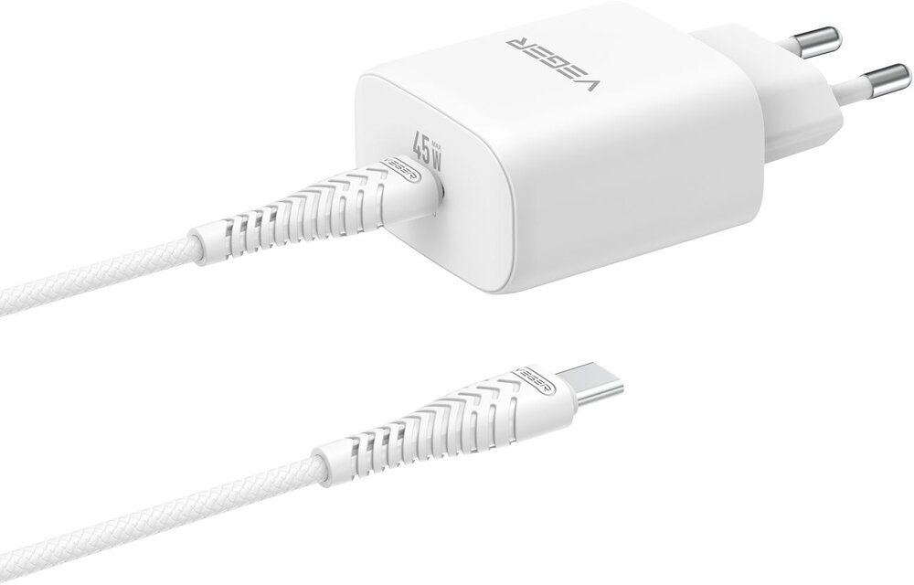 Veger snellader 45 Watt + USB-C Kabel 1,5m Nylon Wit