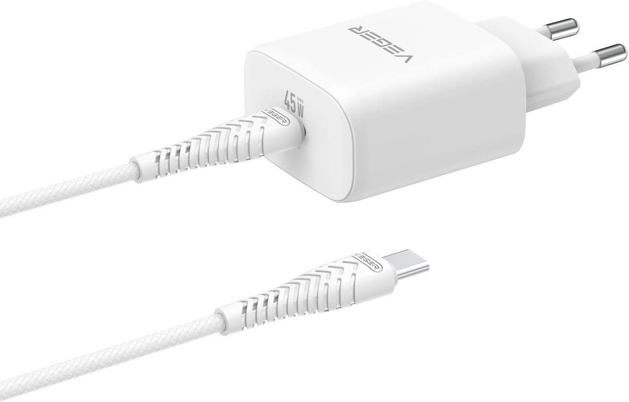 Veger snellader 45 Watt + USB-C Kabel 1,5m Nylon Wit