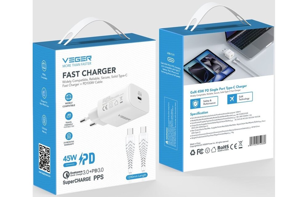 Veger snellader 45 Watt + USB-C Kabel 1,5m Nylon Wit