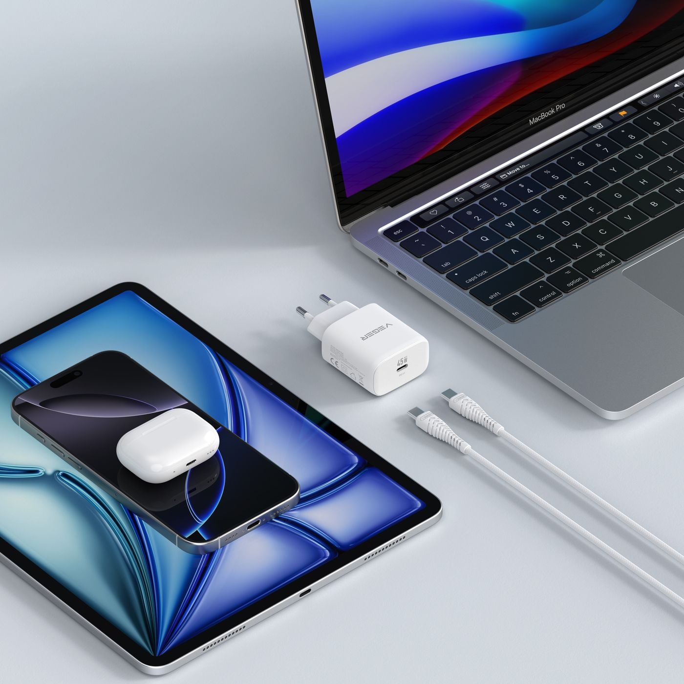 Veger snellader 45 Watt + USB-C Kabel 1,5m Nylon Wit