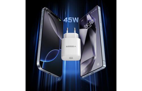 Veger snellader 45 Watt + USB-C Kabel 1,5m Nylon Wit