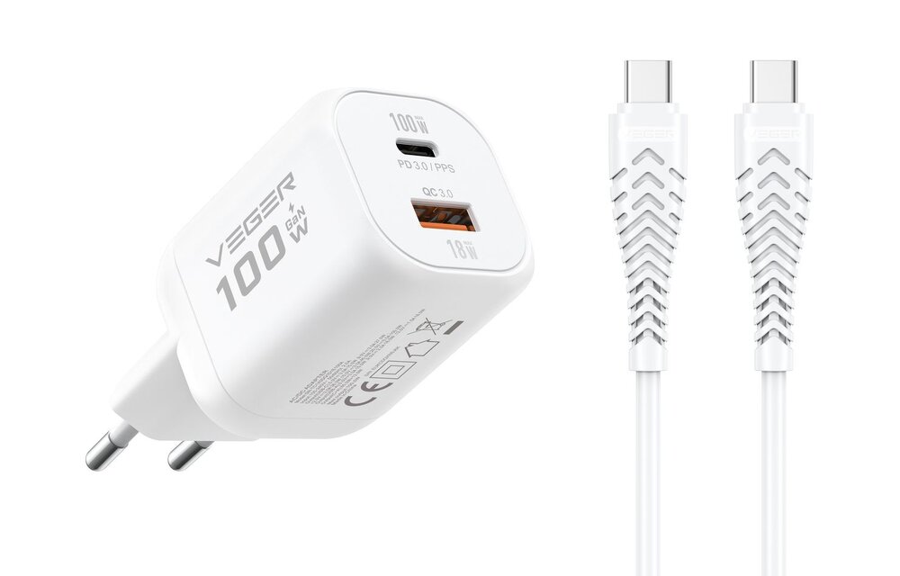 Veger snellader 100 Watt 2x USB Poort + USB-C Kabel 1,5m Nylon Wit
